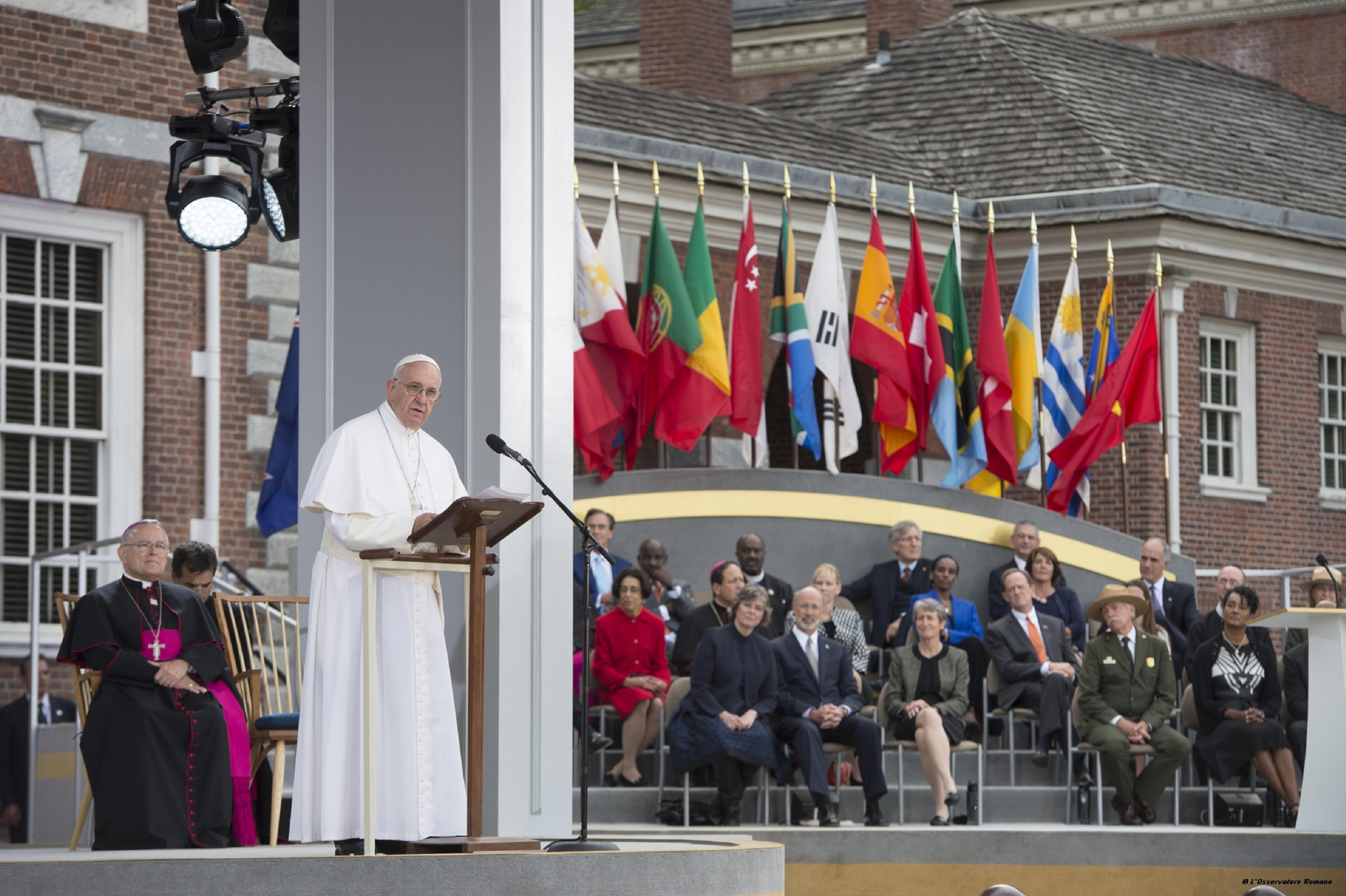 Pope Francis delivers his speech in front of the Independence Hall in Philadelphia