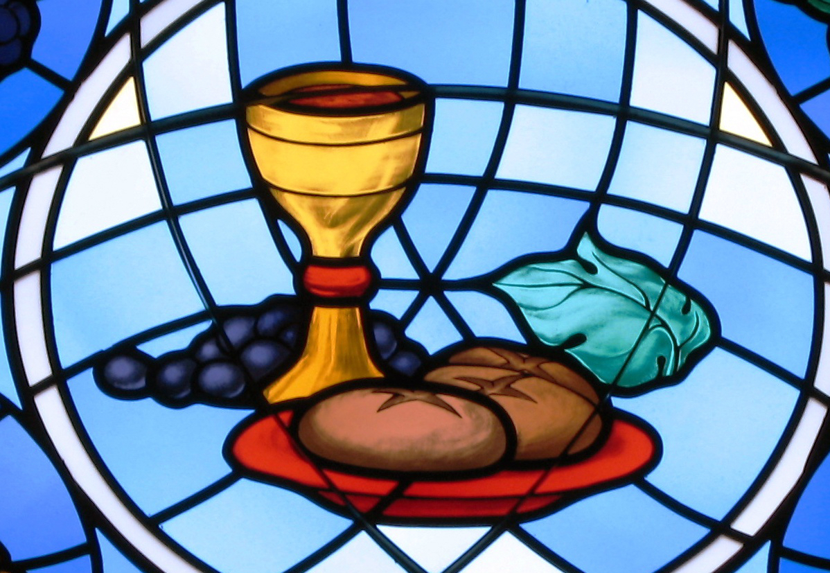 Bread and Wine for the Eucharist. Stained Glass in the St. Michael the Archangel Parish
